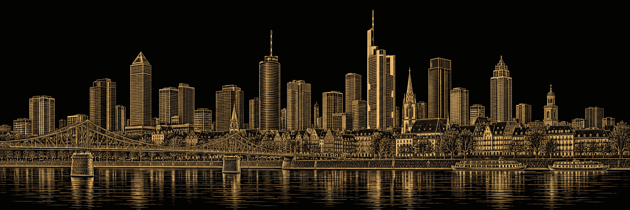 Goldene Architekturillustration der Frankfurter Skyline mit Mainufer und Eisernem Steg